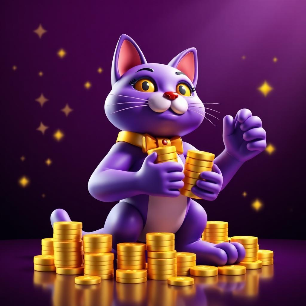 Purple Cat mascot holding stacks of golden coins