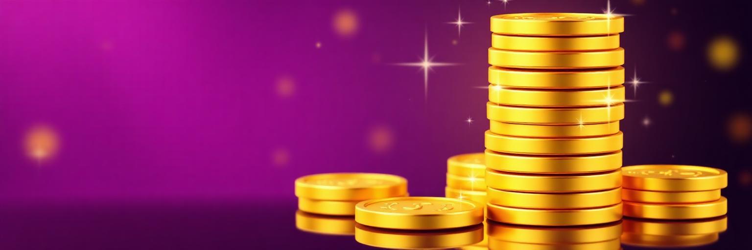 Stack of glowing golden coins on a deep purple background