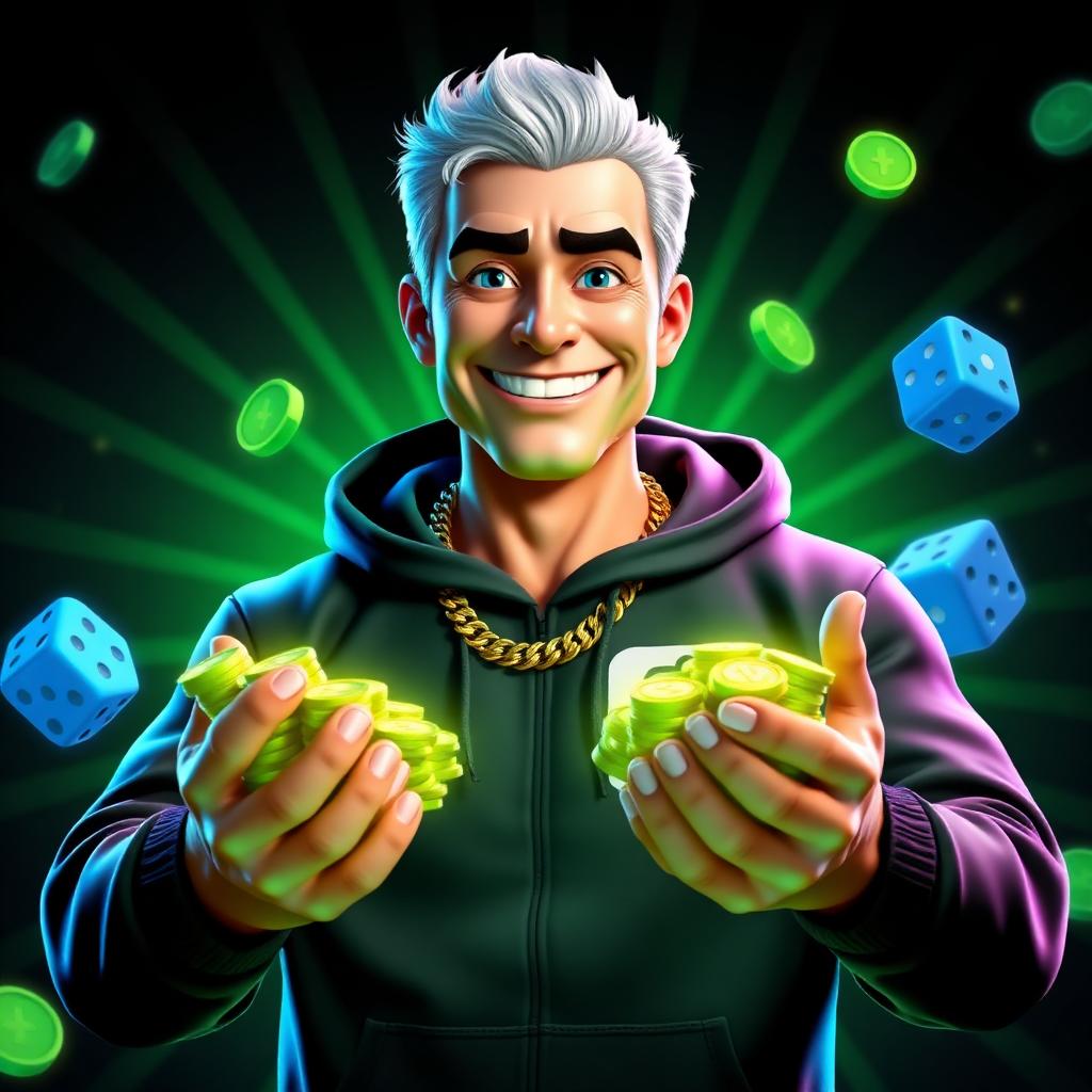 Punt mascot holding stacks of neon green casino coins