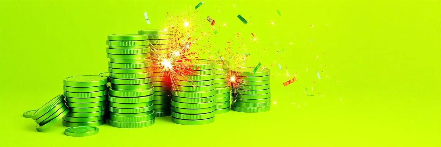 Stack of neon green casino coins with sparkles